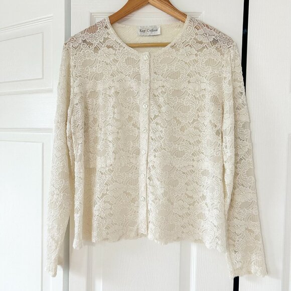 Kay Celine Ivory Long Sleeve Lace Button Front Top Blouse Size Medium - Picture 1 of 4